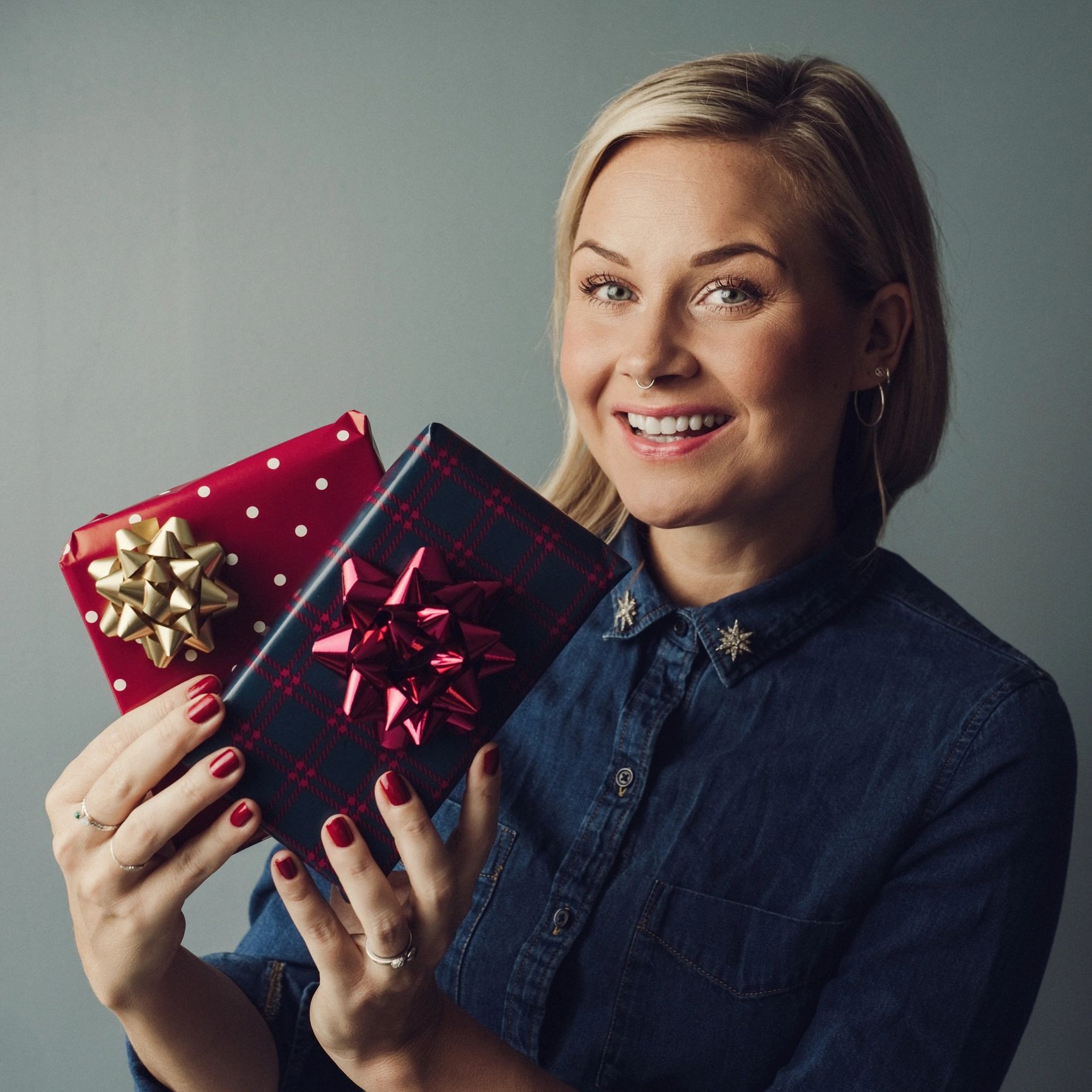 Happy customer with wrapped present